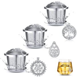 Tea Infusers for Loose Tea 3 Sets Loose Leaf Tea Steeper Tea Strainer Stainless Steel Tea Ball for Loose Tea Holder Tea Mesh Strainer Tea Filters with Drip Trays and Pendant (Plant Style)