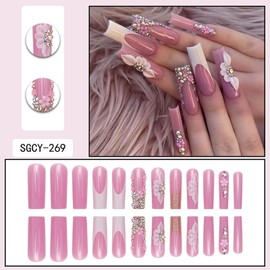 Long Square Press on Nails French Tip Fake Nails Pink False Nails with Flower Designs Glue on Nails Glitter Glossy Rhinestone Acrylic Nails Full Cover Artificial Nails for Women Manicure 24Pcs