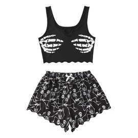 WDIRARA Women's Plus Size Sleepwear Cute Cartoon Print Scalloped Tank Top and Shorts Pajama Set, Black and White, 5X-Large Plus