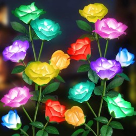 Solar Rose Garden Lightsoutdoor Solar Lights Garden Solar Lights Solar Yard Decorations Solar Flowers Outdoor Waterproof Garden Light Solar Color Changing Light Outdoor (4 Pack Rose)