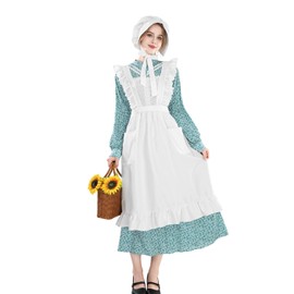 Nuoqi Prairie Dress Women Adult Pioneer Dress Long Colonial Costume with Bonnet Apron Lake Green S