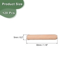 sourcing map 120 Pcs Wooden Dowel Pins 5x30mm(0.2x1.18) Fluted Beveled Ends Wood Dowel Pegs Dried Hardwood for Woodworking Furniture Shelf