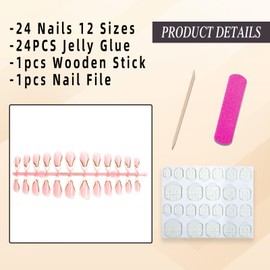Jremg French Tip Press on Nails medium Almond Fake Nails with Designs Glossy Glue on Nails Gold Line False Nails Stiletto Stick on Nails Reusable French Tip Artificial Acrylic Nails for Women 24Pcs