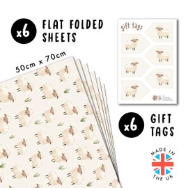 Farm Animals Wrapping Paper - Sheep - 6 Sheets of Wrapping Paper for Kids Boys and Girls - Gift Wrapping Paper for Birthday, Baby Shower, Christening - with Stickers - by Central 23
