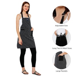 Encasa Homes Adjustable Kitchen Apron with Pockets and Towel Rail, 68 x 85 cm, Recycled Cotton, for Home, Restaurant, Men & Women, Cooking, Baking, Butcher Stripes, Black