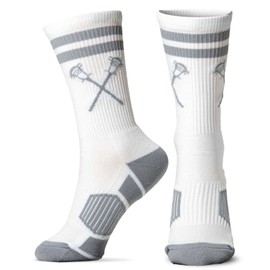 ChalkTalkSPORTS Lacrosse Performance Crew Socks - White & Gray Crossed Sticks - Lacrosse Mid-Calf Socks - Adult