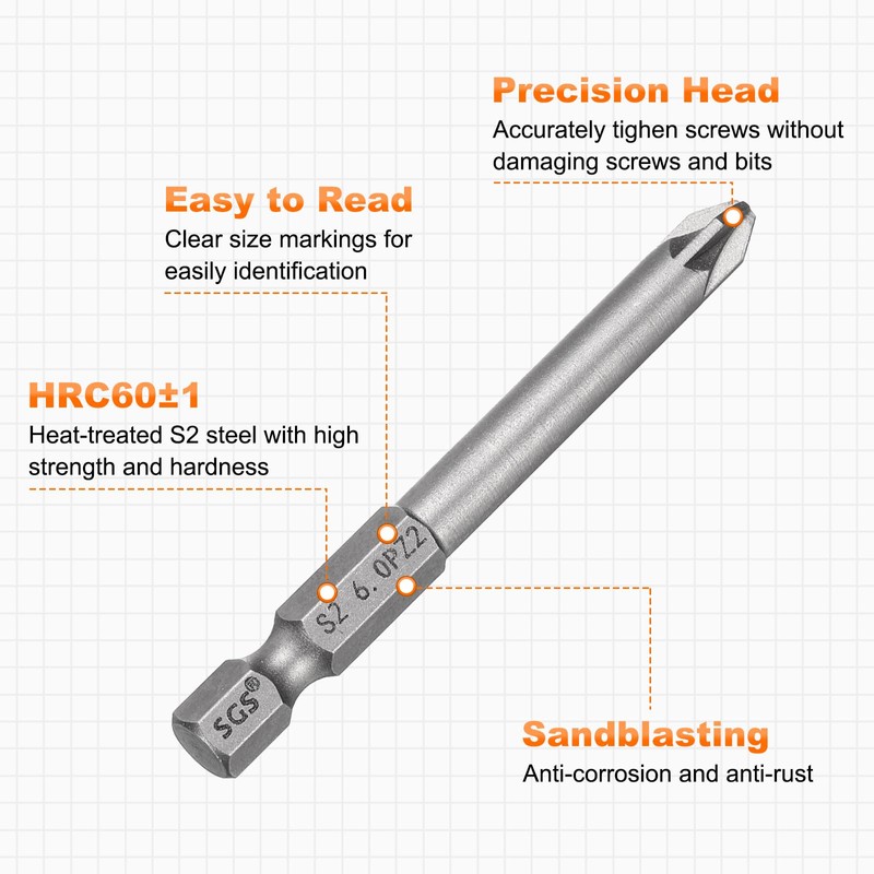 HARFINGTON 5pcs PZ2 Screwdriver Bit 1/4" Hex Shank 65mm/2.56" Length