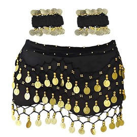 Belly Dance Hip Scarf with Bracelet, 128 Coins Belly Dance Skirt Wrap Belt with Wrist Ankle Bracelets, Dance Skirt Belt Waist Chain for Belly Dance, Zumba or Yoga Class, Performance Costume