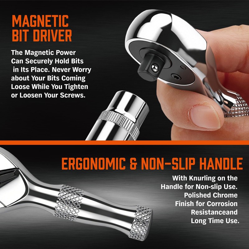HORUSDY 1/4-Inch Stubby Ratchet Wrench Set, Chrome Alloy 90-Tooth Reversible