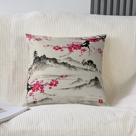 Set of 2 Japanese Style Throw Pillow Covers Japanese Ukiyoe Cushion Case for Home Living Room Decor Reversible Sakura Flower Traditional Retro Theme Pink Decorative Throw Cushion Case 16x16 Inch