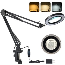 LED Magnifier Desk Lamp with Stand, 3 Color Modes & Stepless Dimming 5-Diopter Glass Lens, Adjustable Swivel Arm - Magnifying lamp for Close Work, Repair, Crafts, Reading - Long
