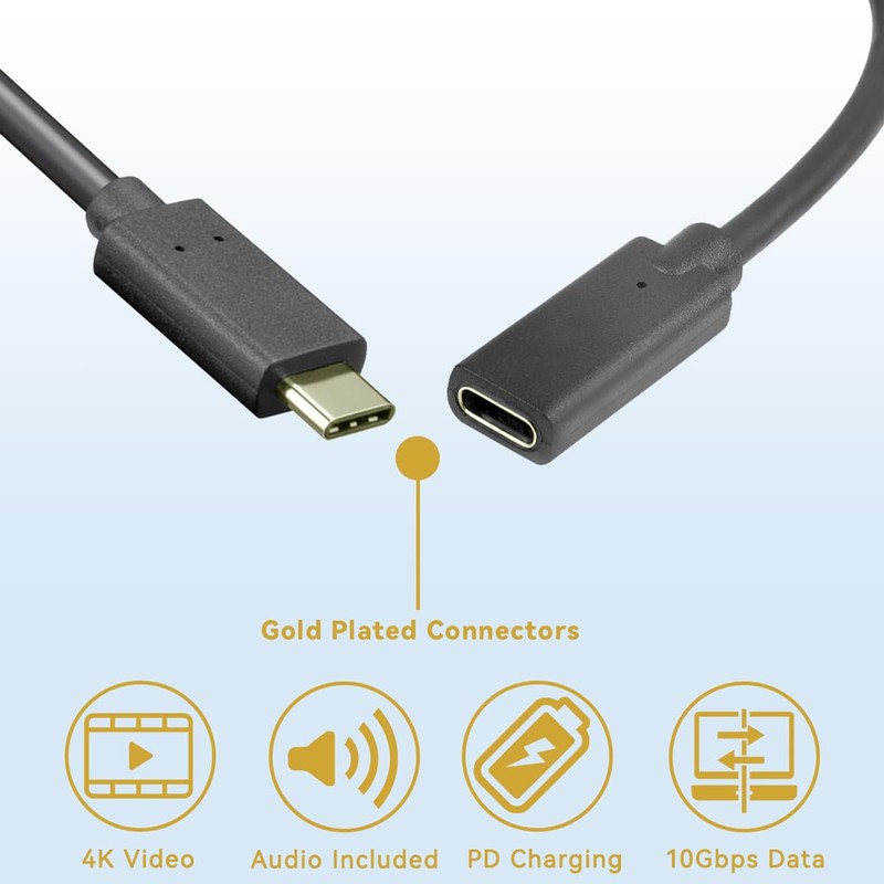 Herfair USB Type C Male-to-Female Extension Cable, 0.6ft, Thunderbolt 3