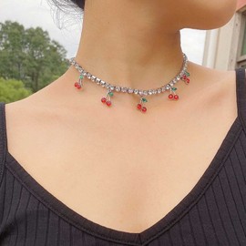 YienDoo Crystal Cherry Choker Necklace Chain Vintage Rhinestone Choker Silver Cherry Fruit Pendant Necklace Wedding Bridesmaids Short Rhinestone Tennis Chain Choker Jewelry for Women and Girls