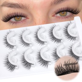 Self Adhesive Eyelashes Natural Look Wispy Pre Glued Lashes Reusable Self Adhesive Lashes No Glue Needed Press On Lashes without Eyeliner Clear Band Cat Eye Lashes 5 Pairs