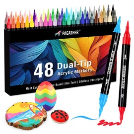 Acrylic Paint Markers, Dual Tip with Fine Tip and Brush Tip Pens for Stone, Wood, Calligraphy, Canvas, Ceramic, Metal, Glass, Rock Painting, DIY Crafts Art Supplies Kit:_48 color