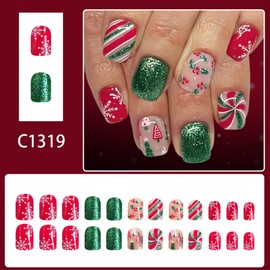 Christmas Press on Nails Short Square Fake Nails with Cute Holly Fruit Design Glossy Green Glitter Glue on Nails Christmas Tree Stick on Nail Reusable Holiday False Nail for Women Manicure 24Pcs
