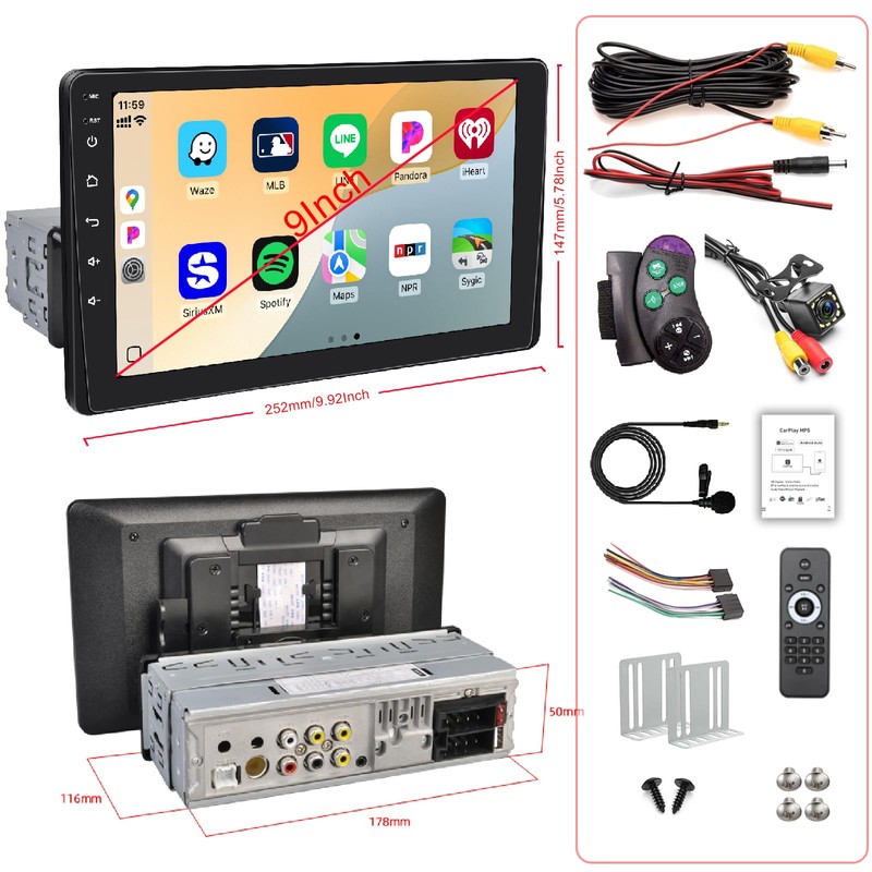 9” Single Din Car Stereo with Wireless Apple Carplay, Car