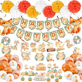 Outus 79 Pcs Fox Theme Birthday Party Decorations Woodland Fox Animal Supplies Kit Include Fox Happy Birthday Banner Pom Pom Flowers Hanging Swirls Latex Balloons Cupcake Topper