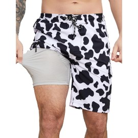 LISAINMAY Cow Print Mens Swim Trunks with Compression Liner Swimming Trunks 9 Inch Bathing Suit Quick Dry Swim Shorts Cargo Shorts