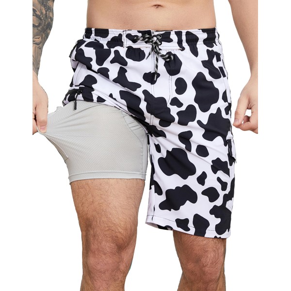 LISAINMAY Cow Print Mens Swim Trunks with Compression Liner Swimming