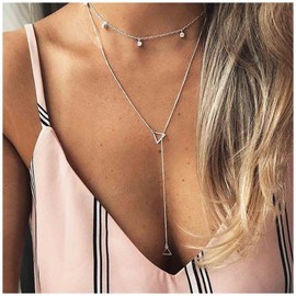 Allereya Black Triangle Y Lariat Necklace Silver Dangle Crystal Necklace Geometric Triangle Necklace Minimal Y Drop Chain Necklace Jewelry for Women and Girls