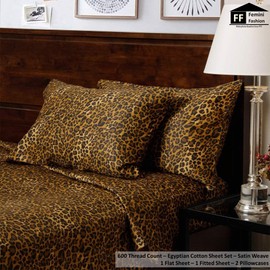 Femini Fashion Extra Deep Pocket Fitted Sheet Fits Mattress Upto 24" Deep Pocket- 4 Piece Sheets Set 600-Thread-Count 100% Egyptian Cotton, Single Ply Long-Staple [Queen (60" X 80")-Leopard Print]