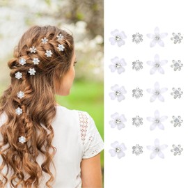 Dokpav 20 PCS White Mini Flower Hair Clips Set, Cute Small Flower Hair Pins with Rhinestones and Pearls, Bridal Barrettes Accessories for Wedding Party Women Girl (Beige)