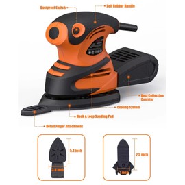 DWT Detail Sander, 1.5A 15000 OPM Electric Sander with 24pcs Sandpapers, Efficient Dust Collection System & Detail Finger Attachment, Soft Grip Handle, Compact Hand Sander for Woodworking