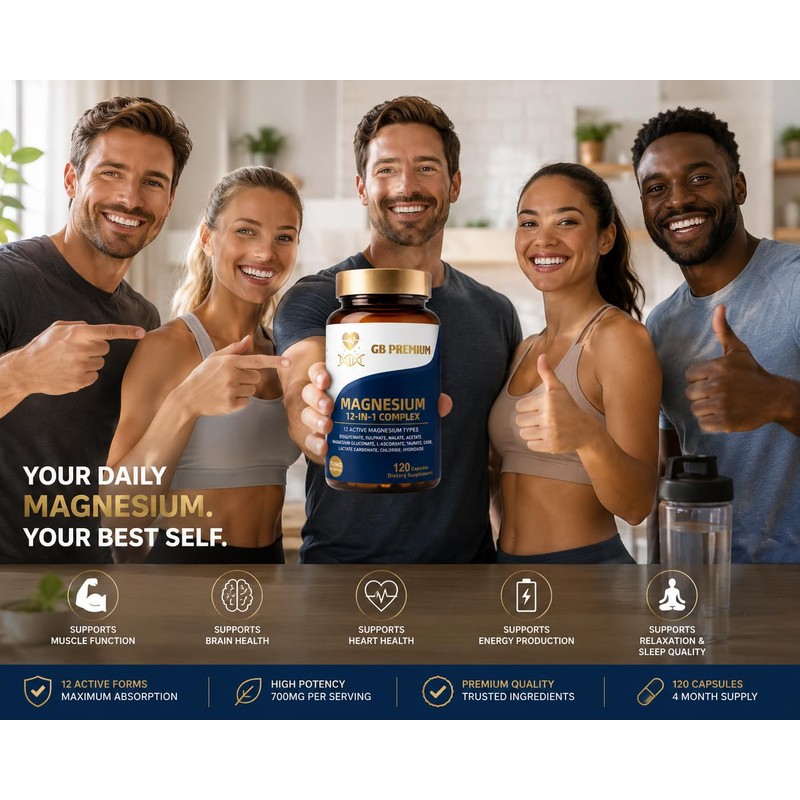 GB Premium Magnesium 12-in-1 Complex, 700mg per Serving, with Bisglycinate,