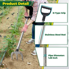 Hand Garden Rake, Adjustable Handle Heavy Duty Garden Cultivator Rake with D-Type Grip for Digging, Weeding, Loosening