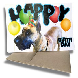 Fava Bean Productions Happy Birthday Card with Dogs, Great Dane Card (1 Premium Card, 5x7 inches, Blank Inside) Dog Themed Birthday Card, Happy Birthday from Dog, Cute Dane Birthday Card - 350