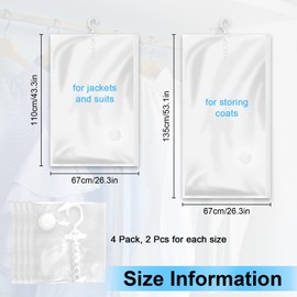 Pack of 4 Vacuum Bags for Hanging, Hanging Clothes Bags with Size (67 x 135 cm, 67 x 110 cm), Vacuum Clothes Bags with Hooks, Transparent Hanging Vacuum Bags Clothes, for Coats, Jackets, etc.