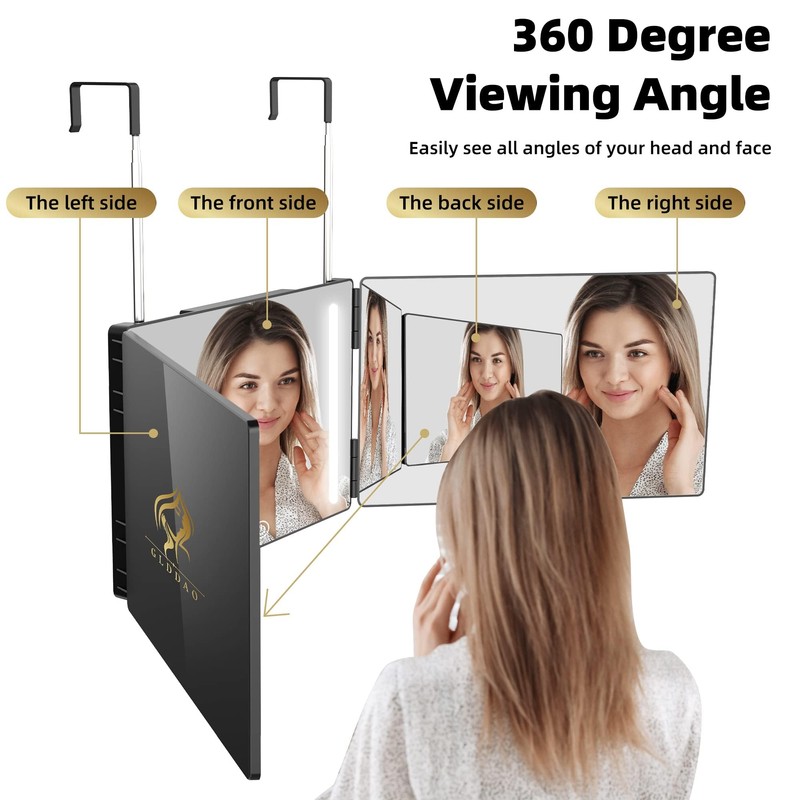 GLDDAO Three Way Mirror for Braiding Hair LED Lighted Trifold