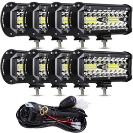 MUVKQC 7 Inch LED Light Bars - 8PCS 120W LED Pods Triple Row Flood Spot Combo Work Lights 12V 24V 12000lm Off-Road Driving Lights for Snowblower Truck Car ATV SUV - with 2 Leads Wiring Harness Kit