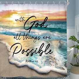 Riyidecor Beach Ocean Bible Verse Shower Curtain Sunrise Sunset Inspirational Scripture Christian 60Wx72H Inch Summer Coastal Seaside Seascape Fabric Decor Bathroom Polyester Waterproof 12 Pack Hooks