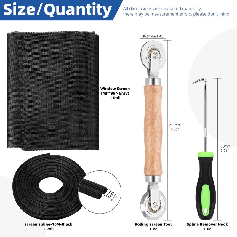 Glarks 4pcs Grey Window Screen Repair Kit, Includes 48"W x