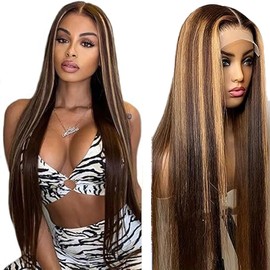 Lakaisa Human Hair Wig Straight 4 x 1 Lace P4/27 Highlight Blonde Glueless Wear and Go Wig Women's Real Hair Bleached Knots Pre Plucked Hairline with Baby Hair for Woman 24 Inches (61 cm)