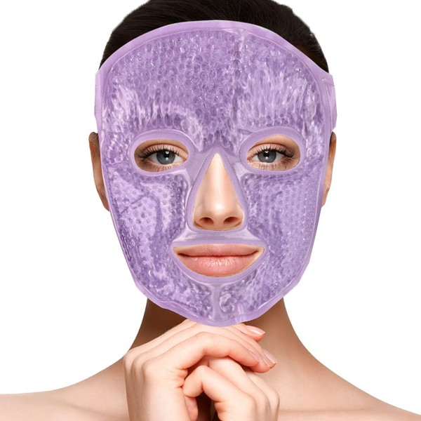 NEWGO Cooling Mask Face Eye Mask Ice Pack Reduce Face Swelling, Dark Circles, Gel Beads Hot Heat Cold Compress Pack, Face Spa for Women Pressure, Headaches (Purple)