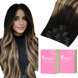 YoungSee Clip in Hair Extensions Ombre Clip in Hair Extensions Human Hair Ombre off Black to Dark Brown Mix Caramel Brown Balayage Compatible with Various Head Circumferences Hair Clips 18In 120G 7Pcs