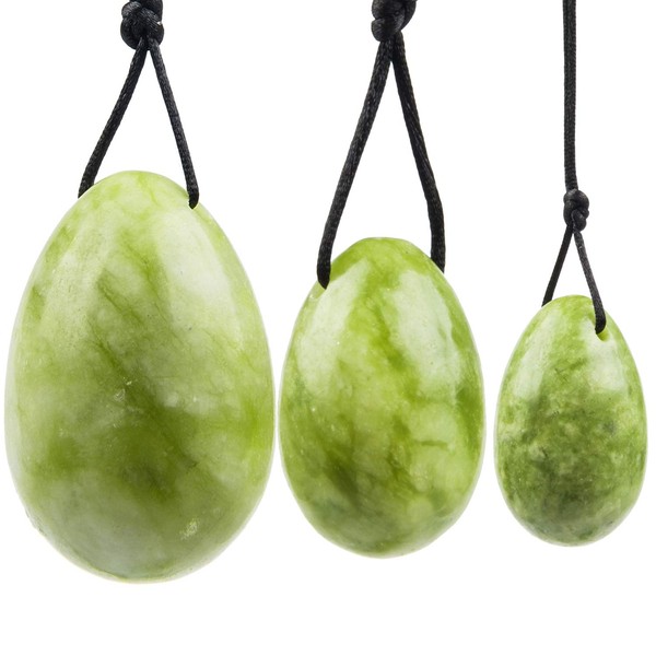 Green Jade Yoni Eggs, June&Ann Set of 3 Drilled Natural Chakra Healing Yoga Exercise Eggs with String Massage Stones Ben Wa Ball for Women to Train Pelvic Muscles Kegel Exercise