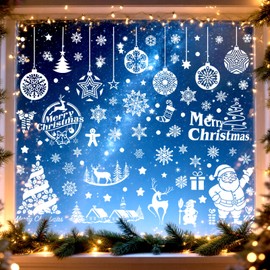 GW Box 133 PCS Christmas Window Stickers Reusable, 9 Sheets Xmas Scene Clings Double-Side White Snowflake Stickers for Christmas Window Decorations
