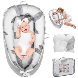 Baby Lounger Cover Pillow for Newborn 0-24 Months, Portable Infant Lounge Nest in Bed for Boy Girl, Grey Foldable Organic Babies Co Sleeping Pillows for New Born Travel Essential