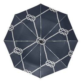 Poeticcity White Nautical Rope Loop Square Knots on Marine Dark Navy Blue Automatic Folding UPF 50+ Anti-UV Rain Umbrella, Auto Open/Close 3 Folds Sun Parasol Canopy Windproof Compact Travel Umbrella