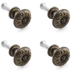 Antique Jewelry Box Pull Handle, OZXNO 4-Pack Retro Bronze Round Flower Pattern Pull Knobs & Mounting Screws for Cabinet Drawer Cupboard Wardrobe (0.67 x 0.59 inch)