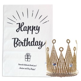 TOKYO ART Newborn Baby Crown Birthday Tapestry Set, Birthday Decoration, Hair Ornament, Tiara, Crown, Costume, Monthly Photo, Kids, First Festival, Commemorative Photo, Happy Birthday Tapestry + Gold