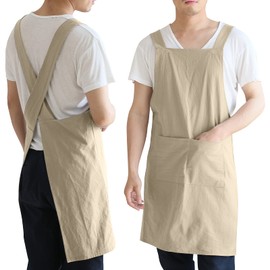 Ninonly Apron for Home Use, Stylish, Simple, H-Shape, Shoulder, Cotton, Plain, Easy to Put on and Take off, Pockets, Unisex, Gray, Khaki, Khaki