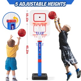 HYES Toddler Basketball Hoop with Scoreboard/LED Basketball Rim/4 Balls, 55" Height Adjustable Basketball Hoop for Kids 3-5, Indoor Outdoor Sport Toys Birthday Gifts for Baby Boys Girls