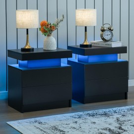 i-aplus Black Nightstand Set of 2 LED Nightstand with 2 Drawers, Bedside Table with Drawers for Bedroom, Side Bed Table with LED Light, Black