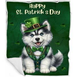 Siberian Husky St. Patrick's Day Irish Dog Blanket - Super Soft & Warm Pet Theme for Sofa or Bed, Warm Fleece, Sherpa or Woven Material, for Dog Lovers (50"x60" Sherpa)