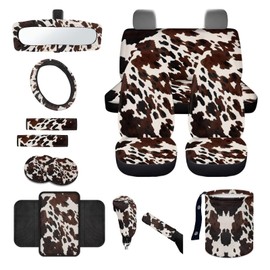 Wanyint Black Brown Cow Print 14 PCS Car Seat Cover Full Set with Steering Wheel Cover Seat Belt Strap Pads Cup Coasters Trash Bag Rearview Mirror Cover Armrest Cover Pad Handbrake Cover Set Car Decor